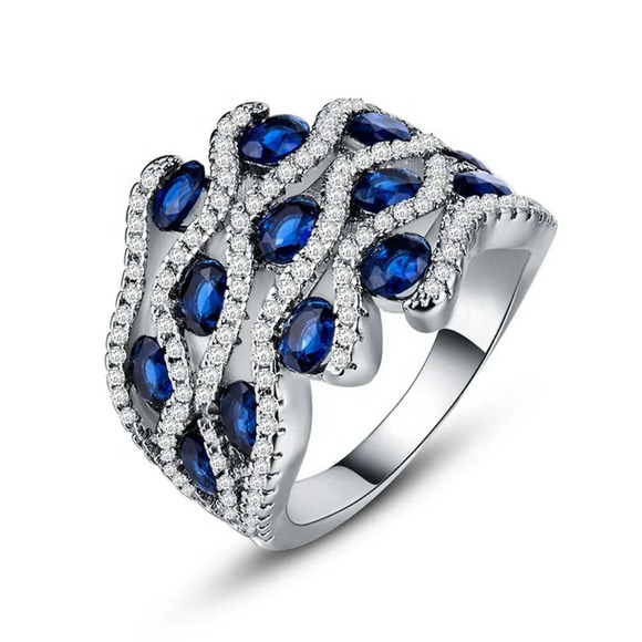 💎 925 Silver Plated Stylish Blue CZ Diamond Ring for Women, FB16FA1104 - Picture 1 of 2